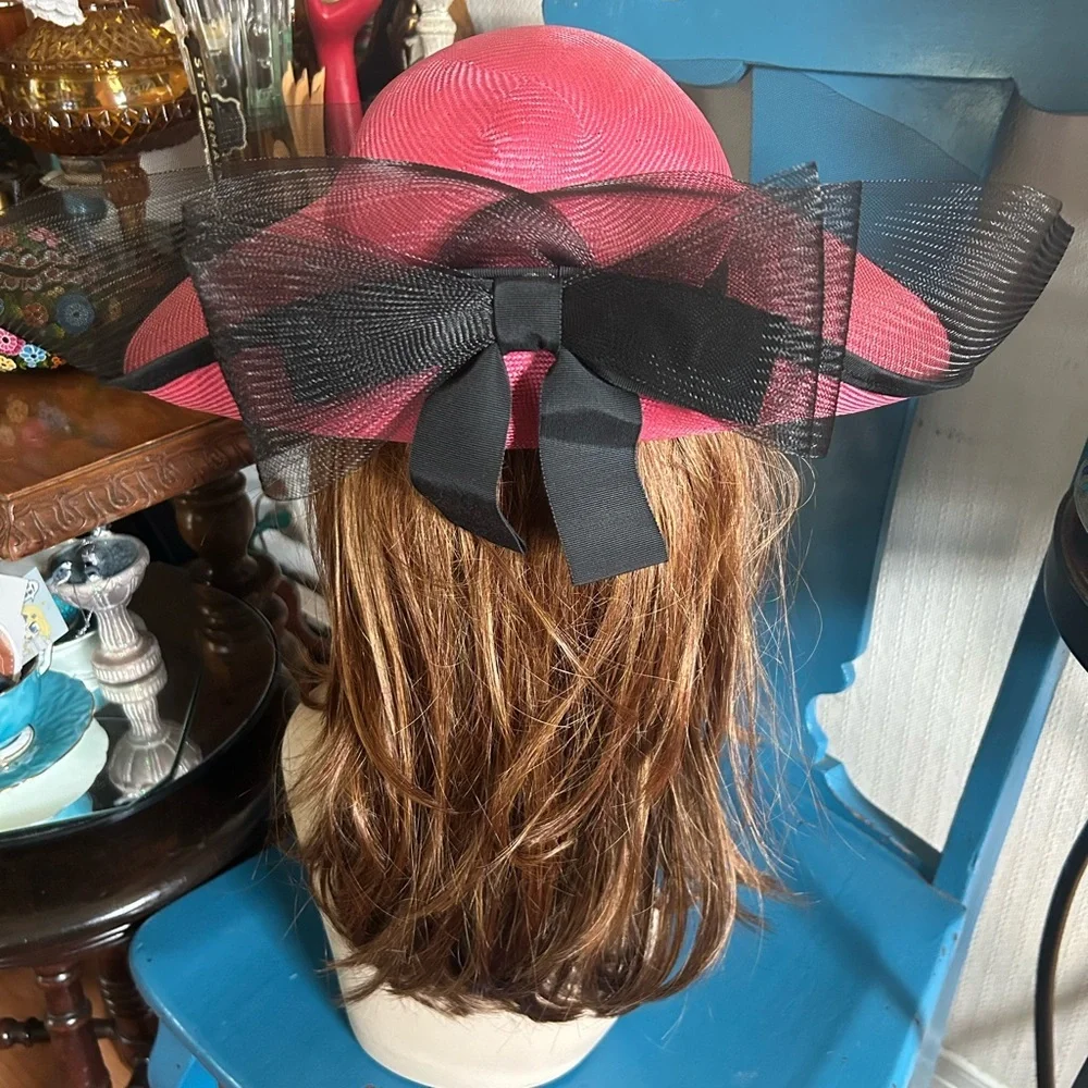 Vintage Pink & Black Wide Brim Derby Hat